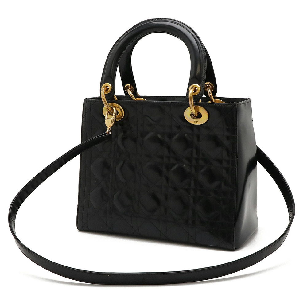 Dior Black Christian Enamel 2way Cannage Bag Lady Shoulder Black
